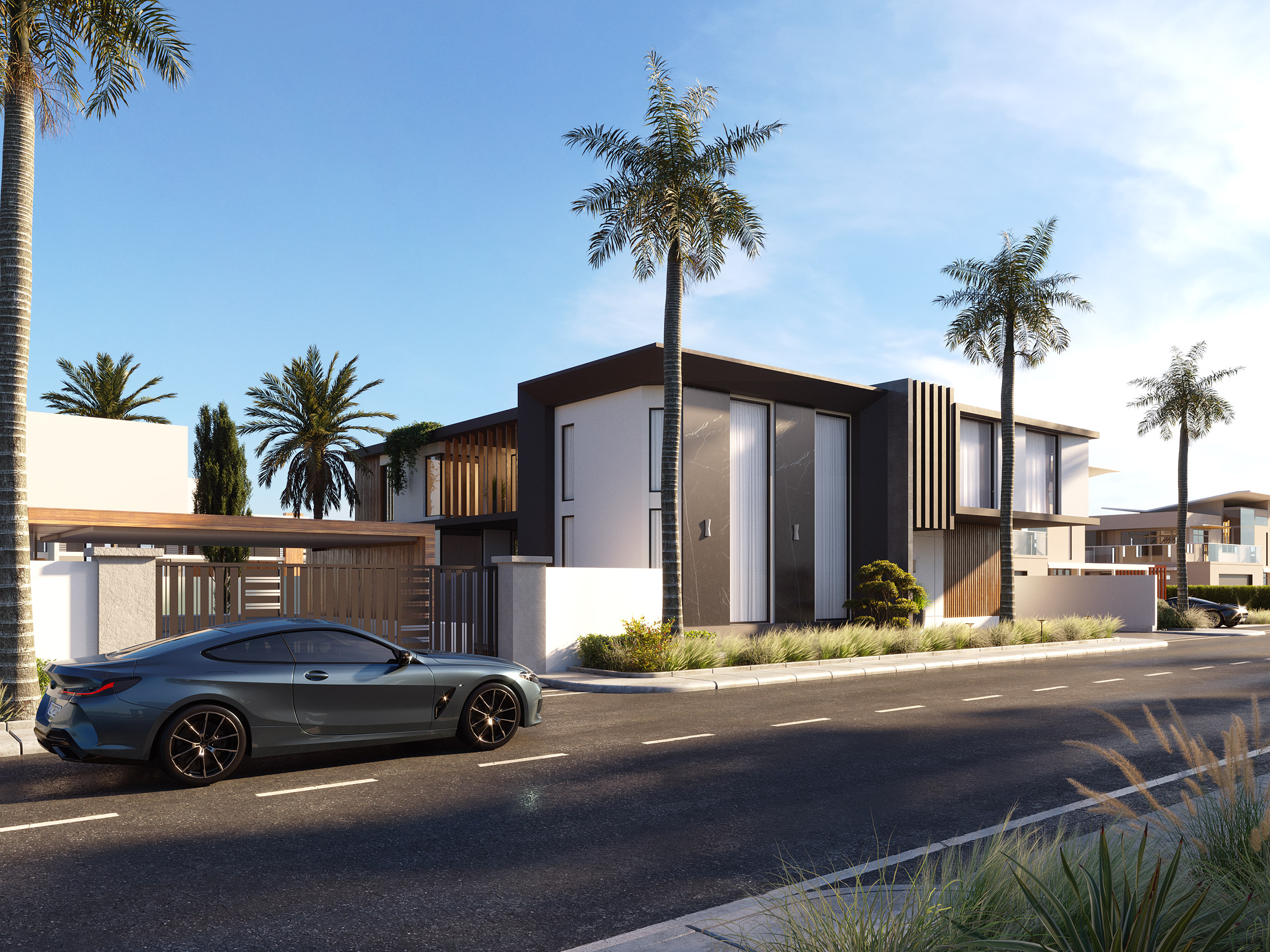 Modern villa exterior at twilight, Dubai