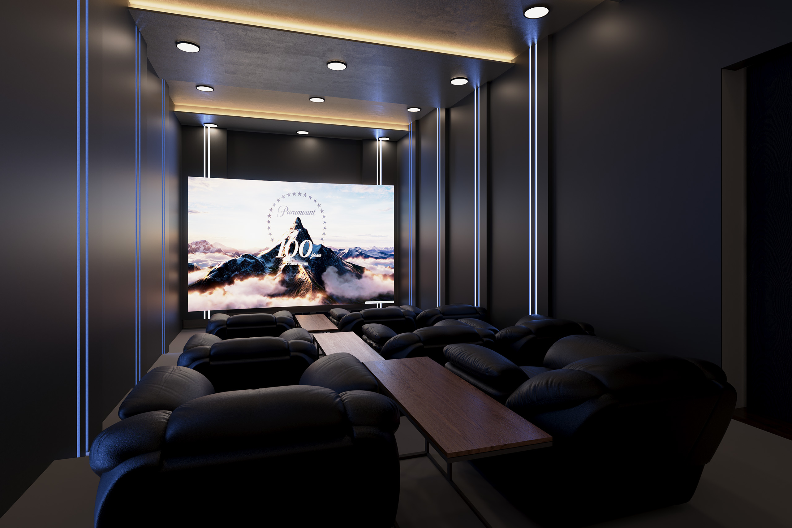 Private cinema interior, deeply lit