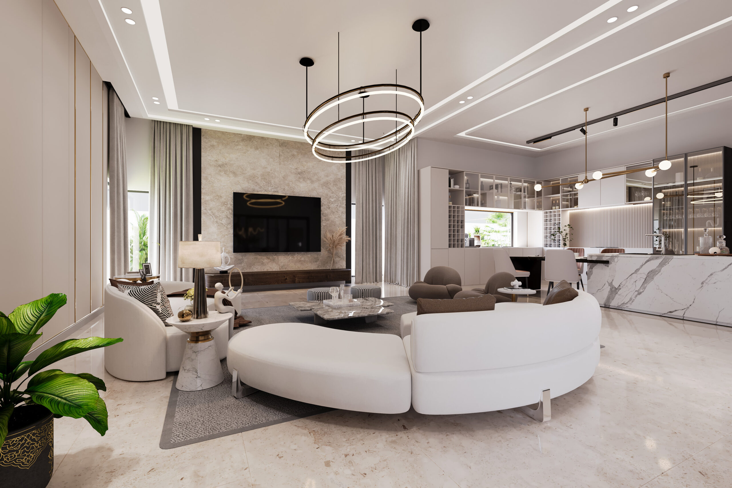 Family kitchen with breakfast bar, interior render