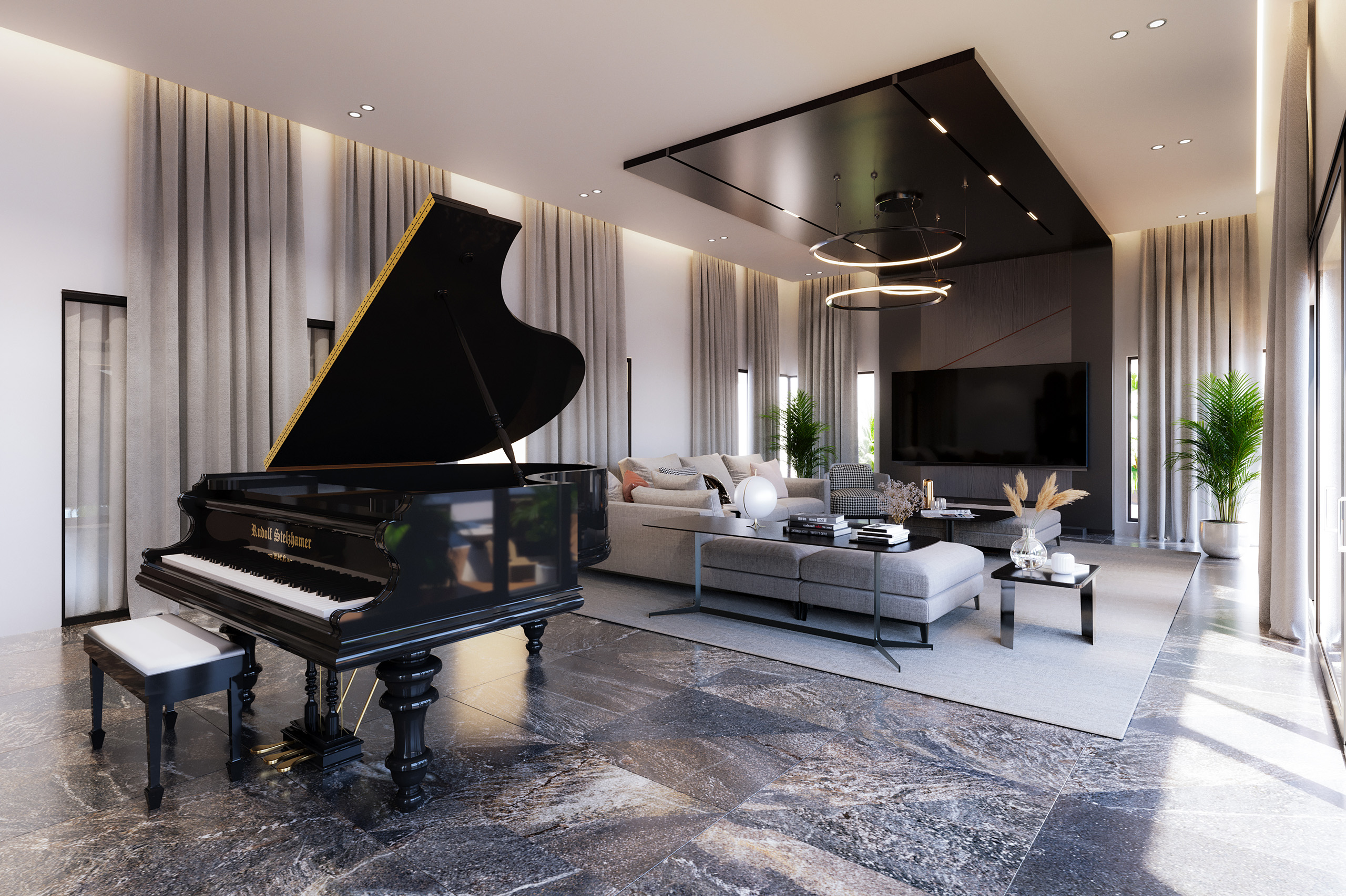 Open-plan living area with warm afternoon light