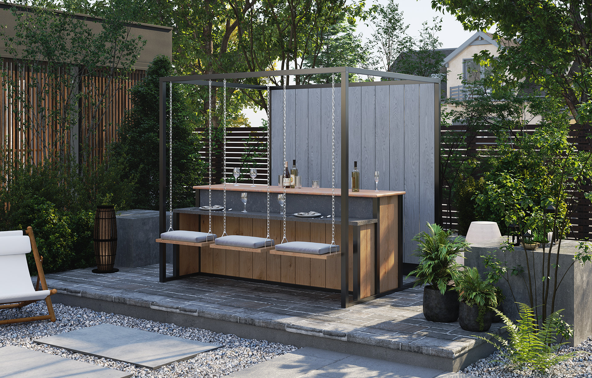 Outdoor swing furniture set, rendered